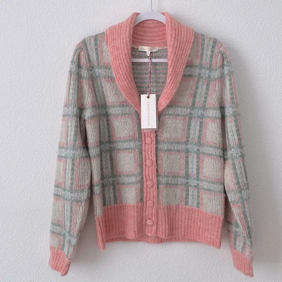 Love Shack Fancy Jeeves Plaid Button Down Wool Cardigan NWT Small Pink Preppy - Picture 1 of 10